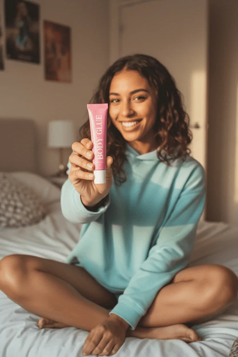 Femme souriante tenant une colle corporelle rose résistante à l'eau et à la transpiration